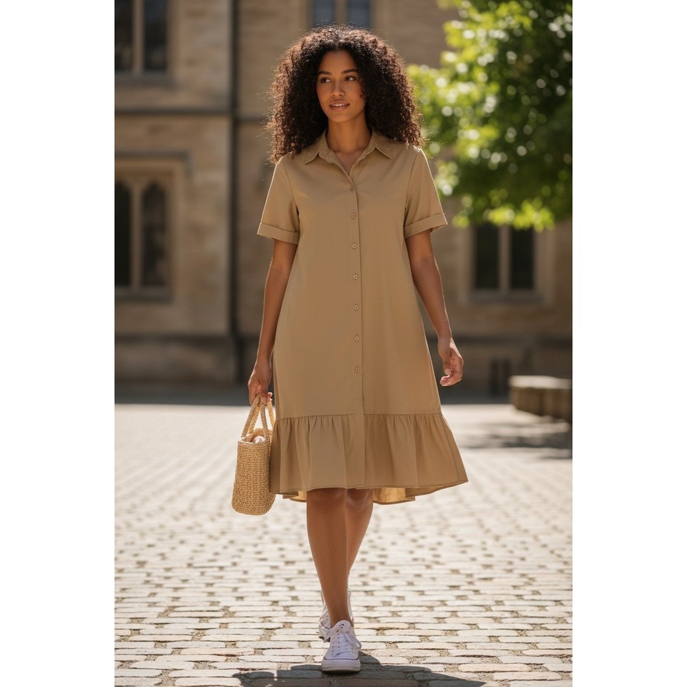 (B-65))Allegra K Women’s Beige Shirt Dress M Button Front Ruffle Hem Cotton NWT